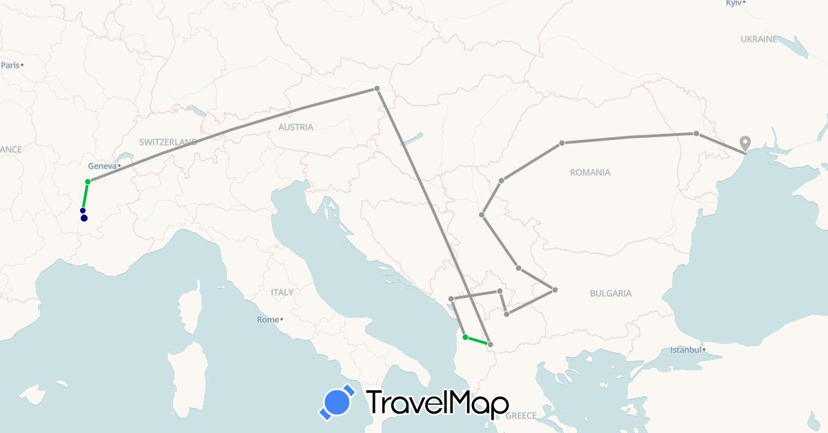 TravelMap itinerary: driving, bus, plane in Albania, Austria, Bulgaria, France, Moldova, Montenegro, Macedonia, Romania, Serbia, Ukraine, Kosovo (Europe)