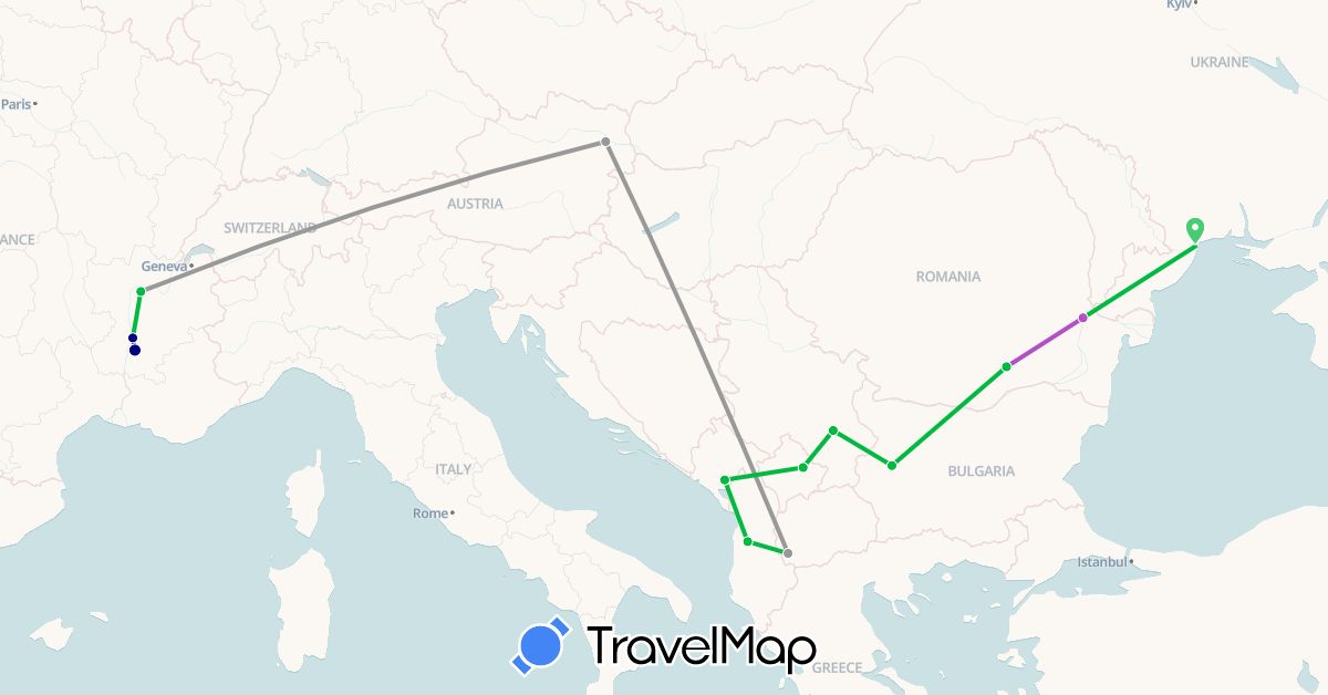 TravelMap itinerary: driving, bus, plane, train in Albania, Austria, Bulgaria, France, Montenegro, Macedonia, Romania, Serbia, Ukraine, Kosovo (Europe)