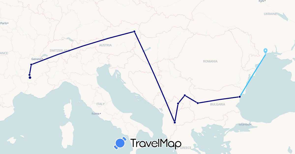 TravelMap itinerary: driving, boat in Austria, Bulgaria, France, Macedonia, Serbia, Ukraine, Kosovo (Europe)